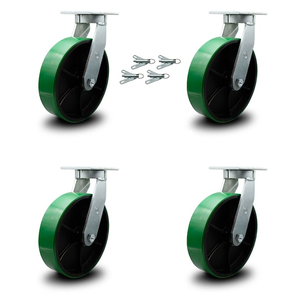 10 Inch Heavy Duty Green Poly on Cast Iron Caster Set with Swivel Locks, 4PK